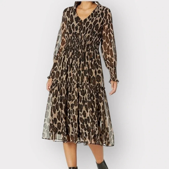 Taylor Animal-Print Smocked-Chiffon A-Line Dress Size 2 - Picture 1 of 10